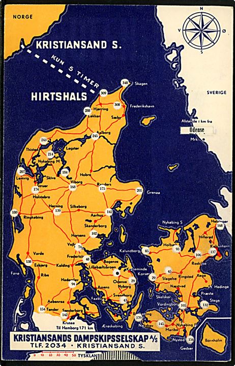Norgesruten Hirtshals - Kristiansand S., Kristiansands Dampskibsselskap A/S. Reklame folder med mekanisk afstandstabel.