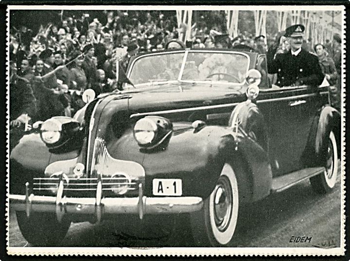 Kongens triumfrejse gennem Oslo d. 7.6.1945. Illustreret fotokortbrev (FO-KO) fra Notodden d. 17.3.1948 til København.