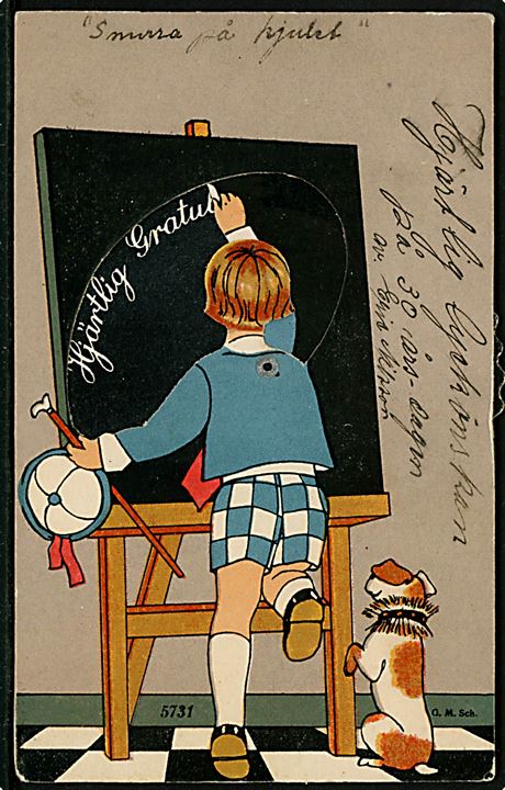 Mekanisk lykønskningskort med barn som visker tavle. G.M. no. 5731.