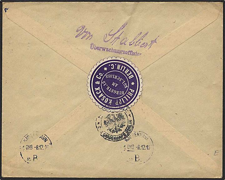 20 pfennig porto på brev fra Berlin, Tyskland, d. 6.12.1916 til København. Etiket fra Phillipp Kosack på bagsiden af kuverten. Tysk censur.