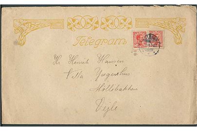 10 øre Chr. X (2) på illustreret Telegram kuvert stemplet Kolding d. x.10.1920 til Vejle.