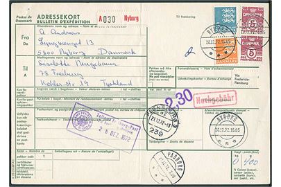 5 øre Bølgelinie (2), 2,50 kr. og 5 kr. Rigsvåben på international adressekort fra Nyborg d. 20.12.1972 til Freiburg, Tyskland.