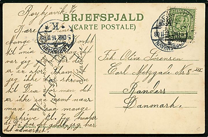 Island, Partur af Alannagja. Braun u/no. Frankeret med 5 aur To Konger fra Reykjavik d. 4.11.1908 via Kjøbenhavn til Randers, Danmark.