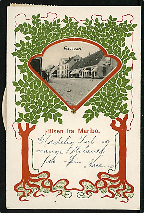 Maribo, Hilsen fra med prospekter. Mekanisk kort D.D.F. u/no. Frankeret med 5 øre Våben og Julemærke 1904 fra Maribo d. 23.12.1904 til København.