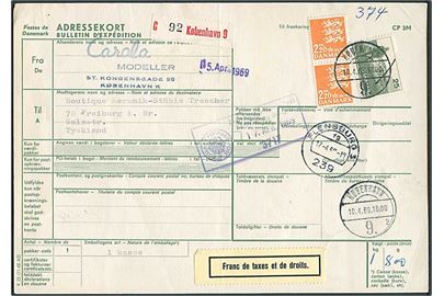 2,20 kr. Rigsvåben (2) og 25 øre Dalgas på internationalt adressekort for pakke fra København d. 10.4.1969 til Freiburg, Tyskland.