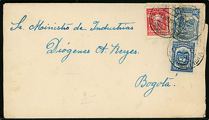 Colombia 3 c. og ½ c. Barranquilla Velgørenhed, samt 30 c. SCADTA luftpost på luftpostbrev fra Barranquilla d. 11.8.1924 til Bogota. Revet bagklap.