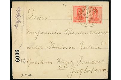 ½ c. og 5 c. i parstykker på for- og bagside af brev fra Corrientes d. 14.5.1918 til London, England. Dobbelt censureret med to britiske censurbanderoler. 