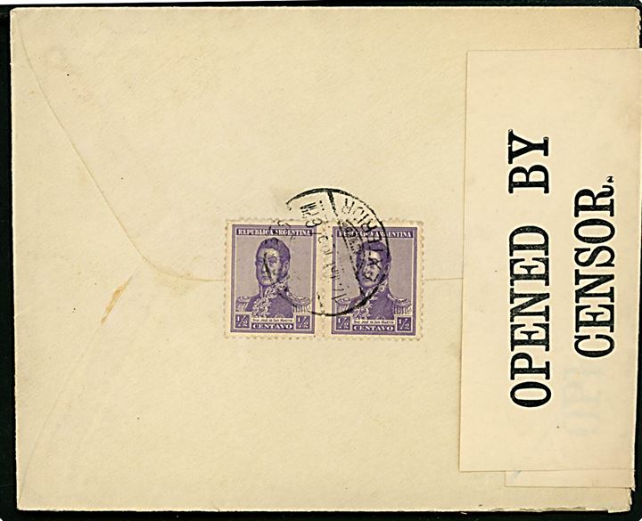 ½ c. og 5 c. i parstykker på for- og bagside af brev fra Corrientes d. 14.5.1918 til London, England. Dobbelt censureret med to britiske censurbanderoler. 