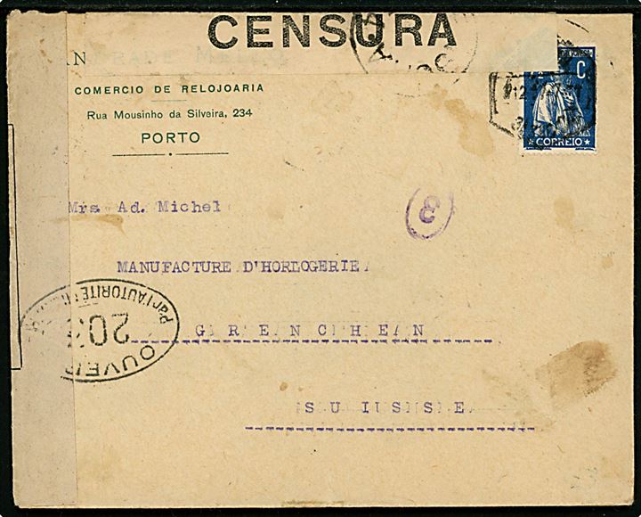 7½ c. på brev fra Porto d. 12.12.1917 til Grenchen, Schweiz. Åbnet af både portugisisk og fransk censur. 