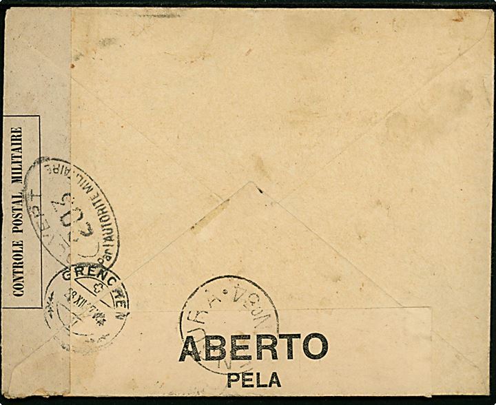7½ c. på brev fra Porto d. 12.12.1917 til Grenchen, Schweiz. Åbnet af både portugisisk og fransk censur. 