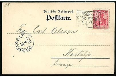 Tysk 10 pfg. Germania på brevkort (Gruss vom Postdampfer Kiel-Korsör) annulleret med dampskibsstempel KORSØR-KIEL DPSK:POSTKT: No. 4 d. 21.6.1902 via svensk bureau PKXP No. 81B (= Göteborg-Malmö-Trelleborg) til Norrtälje, Sverige.