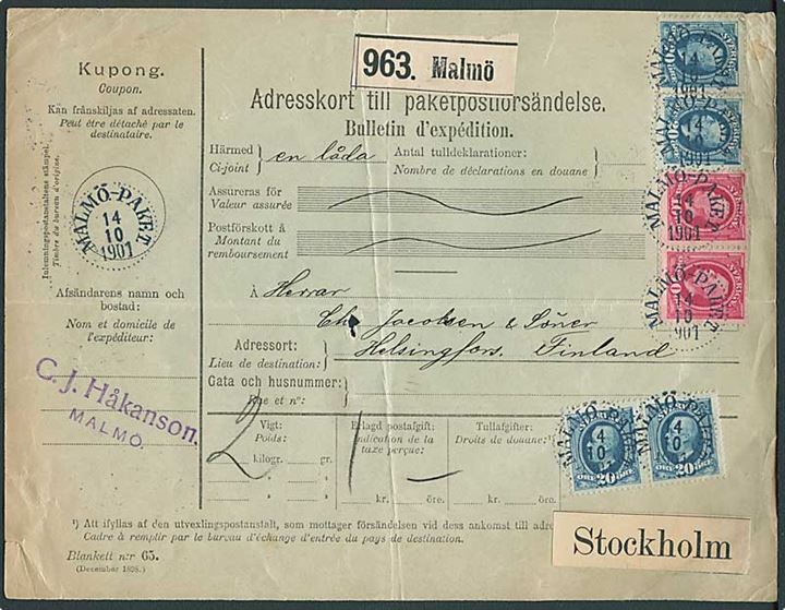 10 öre (2) og 20 öre (4) Oscar II på internationalt adressekort for pakke stemplet Malmö-Paket d. 14.10.1901 til Helsingfors, Finland.