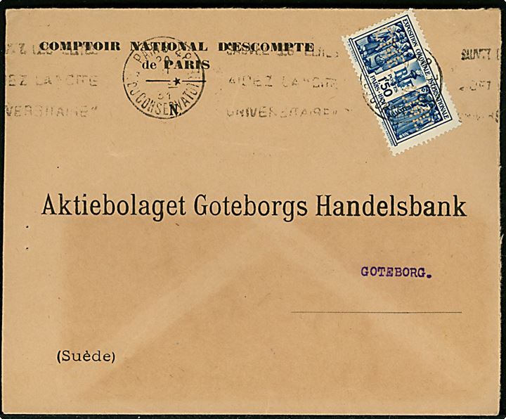1,50 fr. koloniudstilling med perfin CNE på firmakuvert fra Comptoir National d'Escompte i Paris 1931 til Göteborg, Sverige.