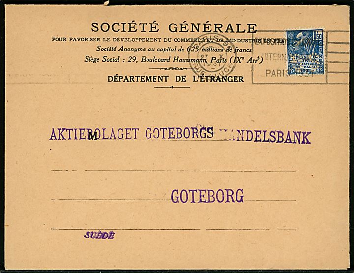 1,50 fr. Koloniudstilling med perfin SG på firmakuvert fra Société Générale i Paris d. 27.10.1931 til Göteborg, Sverige.