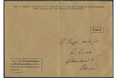 Ufrankeret postsagskuvert til ubesærgelige breve kv. 6070 (6-45) sendt til Odense.