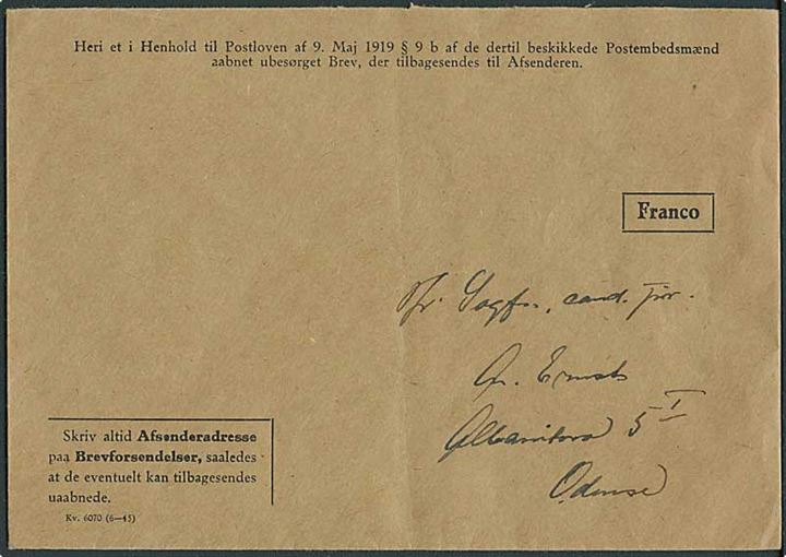 Ufrankeret postsagskuvert til ubesærgelige breve kv. 6070 (6-45) sendt til Odense.