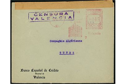 45 cts. firmafranko på brev fra bank i Valencia d. 16.10.1937 til Tunis. Åbnet af lokal censur i Valencia.