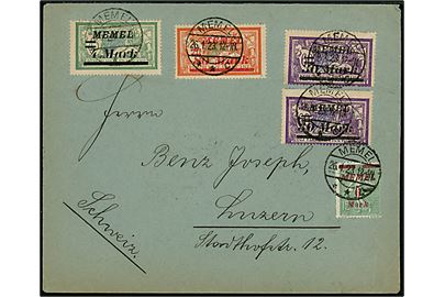 Memel. 6 mk./15 c., 4 mk./45 c., 30 mk./60 c. (par) og 80 mk./2 fr. Memel Provisorium på 150 mk. frankeret infla brev fra Memel d. 26.1.1923 til Luzern, Schweiz.
