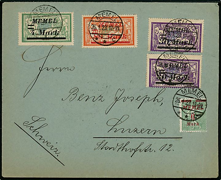 Memel. 6 mk./15 c., 4 mk./45 c., 30 mk./60 c. (par) og 80 mk./2 fr. Memel Provisorium på 150 mk. frankeret infla brev fra Memel d. 26.1.1923 til Luzern, Schweiz.