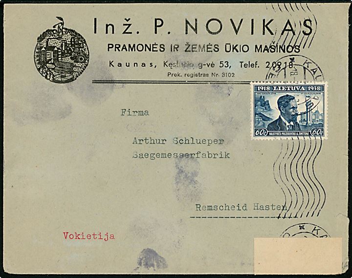 60 c. Republik 20 år single på brev fra Kaunas d. 18.3.1940 til Remscheid, Tyskland. Åbnet af tysk censur.