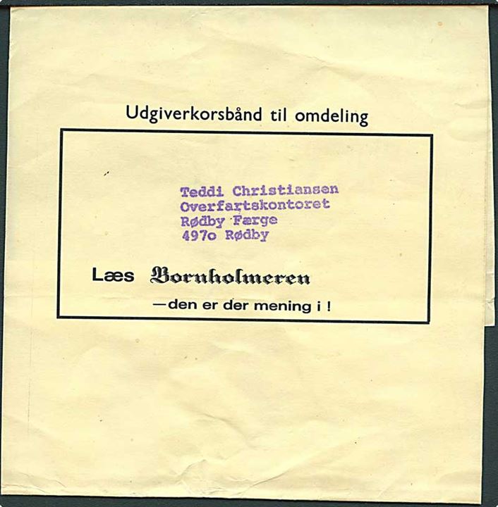 Udgiverkorsbånd fra dagbladet Bornholmeren til Overfartskontoret, Rødby Færge, Rødby. Ca. 1970'erne.