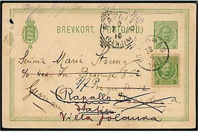 5 bit Fr. VIII helsagsbrevkort (skade i venstre side) opfrankeret med 5 bit Fr. VIII fra St. Thomas d. 18.6.1911 til Dresden, Tyskland - eftersendt til Rapallo, Italien.
