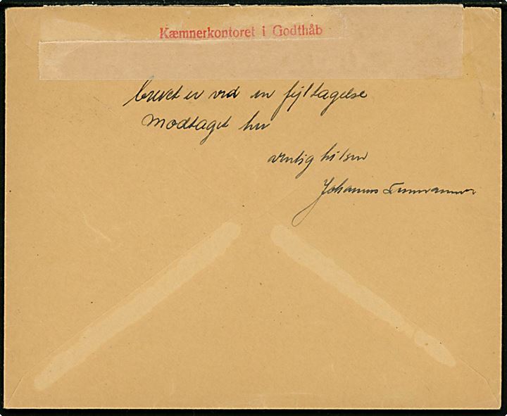 Ufrankeret indenrigsbrev stemplet Godthaab d. 29.8.1956 til Kæmneren i Egedesminde. På bagsiden påskrevet brevet er ved en fejltagelse modtaget her og lukket med papirtape stemplet Kæmnerkontoret i Godthåb.