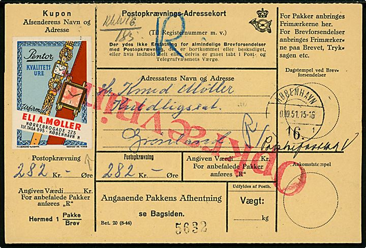 Postopkrævnings-Adressekort med Bording reklamemærkat nr. 4868 fra urfirma Eli A. Møller i København d. 10.10.1951 til Kutdligssat, Grønland.