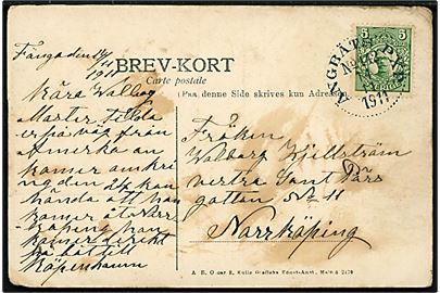 5 öre Gustaf på brevkort dateret Fångö og annulleret med dampskibsstempel Ångbåts Pxp. No 142 (= Söderköping - Hulvik-Morsholmen) d. 14.11.1911 til Norrköping. Stempel benyttet ombord på dampskibet S/S Söderköping.