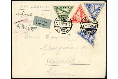 10 s., 15 s. og 25 s. (2) 3-kantet Luftpost udg. på luftpostbrev fra Majori d. 22.7.1929 til Stockholm, Sverige. 