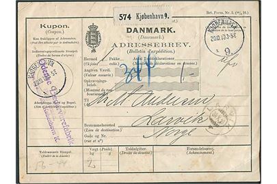 Ufrankeret internationalt adressekort for pakke fra Kjøbenhavn d. 20.10.1919 til Larvik, Norge. 