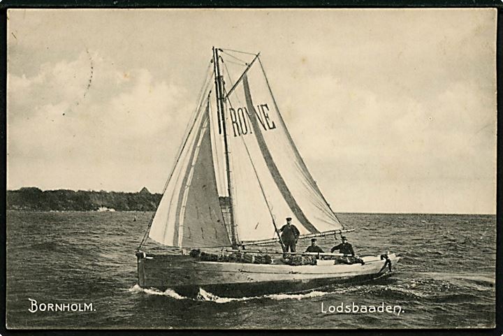 5 øre Fr. VIII på brevkort (Rønne Lodsbåd) annulleret Hasle d. 19.9.1909 til Sømandshjemmet Anholt pr. Grenaa. Ank.stemplet med stjernestempel ANHOLT HAVN.