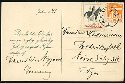 6 øre Bølgelinie og Julemærke 1941 på julekort sendt som tryksag og annulleret med udslebet stjernestempel TAANUM til Frederiksfelt pr. Nørre Søby St.