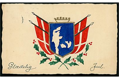 Håndtegnet julekort med skjold, landkort og Dannebrog. Anvendt fra København d. 22.12.1945.
