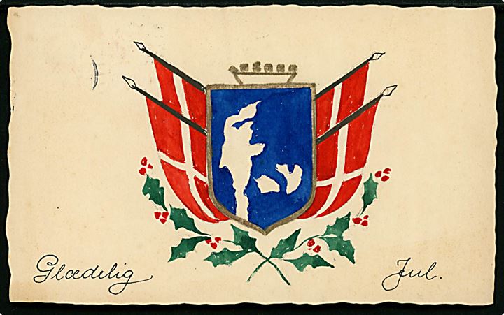 Håndtegnet julekort med skjold, landkort og Dannebrog. Anvendt fra København d. 22.12.1945.