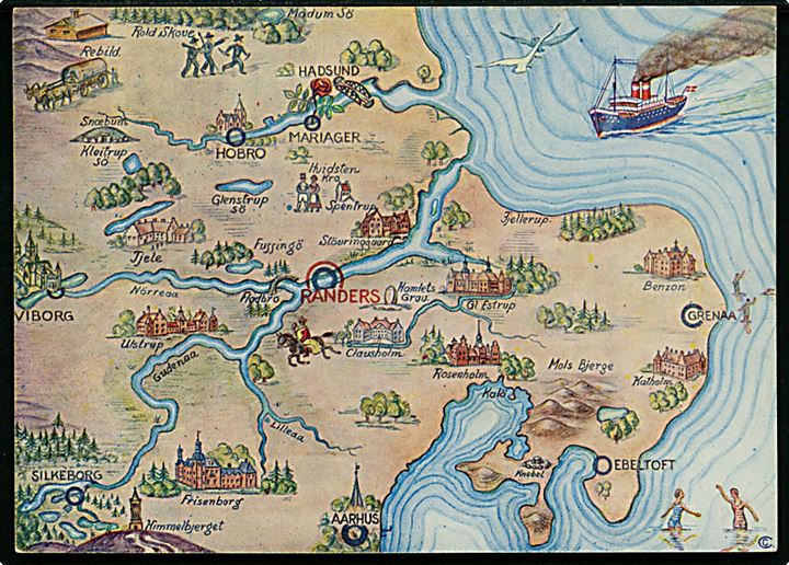 Se Jylland fra Randers, tegnet landkort signeret CC. Turistforeningen for Randers og Omegn u/no.