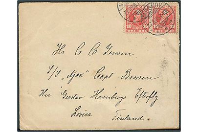 10 øre Chr. IX i parstykke på brev fra Nakskov d. 27.8.1906 til sømand ombord på S/S Ajax i Lovisa, Finland.
