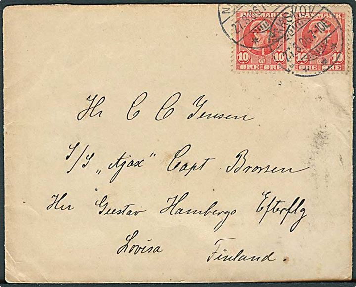 10 øre Chr. IX i parstykke på brev fra Nakskov d. 27.8.1906 til sømand ombord på S/S Ajax i Lovisa, Finland.