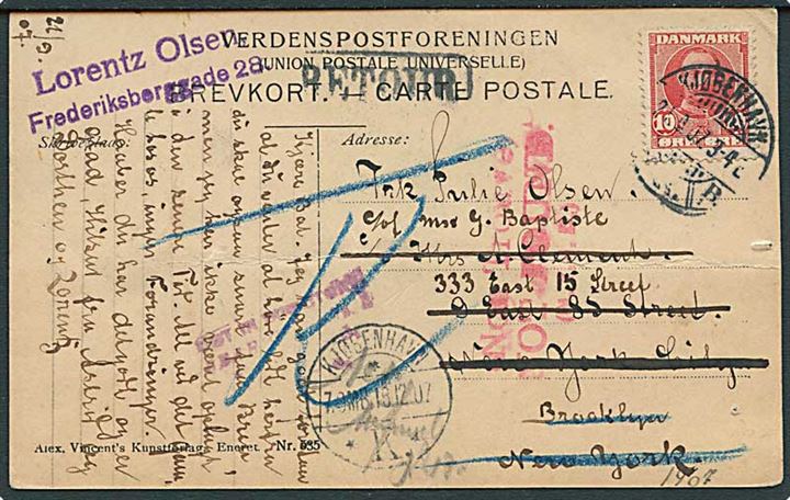 10 øre Fr. VIII på brevkort fra Kjøbenhavn d. 21.9.1907 til New York, USA. Retur som ubekendt med flere stempler.