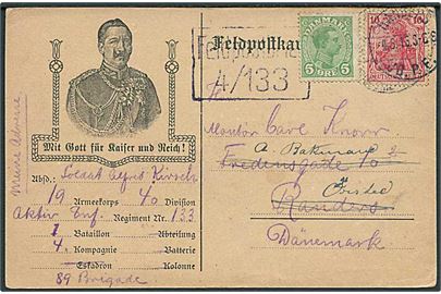 Tysk 10 pfg. Germania på illustreret feltpostkort til Randers, Danmark. Privat opfrankeret med 5 øre Chr. X og eftersendt fra Randers d. 4.5.1915 til Ørslev.