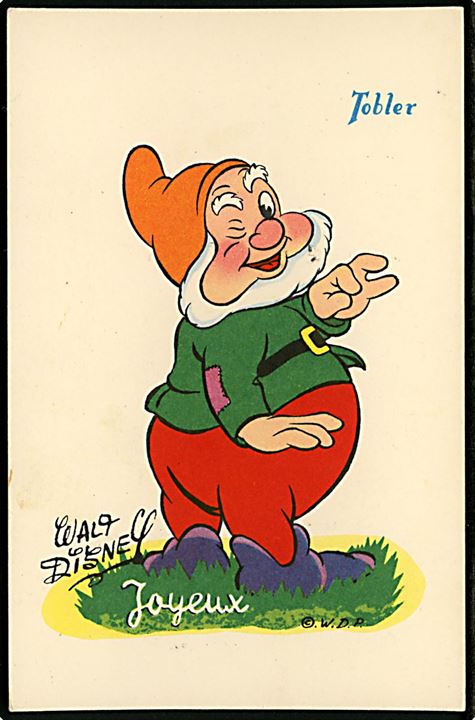 Walt Disney. De 7 små dværge, Lystig, . Fransk reklame fra 50'erne, for “Tobler” chokolade. Georges Lang, Paris u/no.