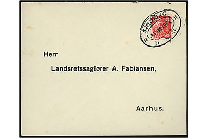 15 øre Karavel på brev annulleret med ovalt jernbanestempel SJØRRING * D.S.B. * d. 1.8.1937 til Aarhus. Lodret fold.