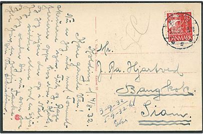 15 øre Karavel på brevkort fra Kolding d. 5.8.1932 til Bangkok, Siam.