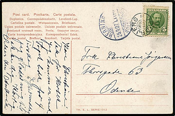 5 øre Fr. VIII på brevkort annulleret med stjernestempel VILDBJERG og sidestemplet bureau Herning - Holstebro T.1190(?) d. 26.9.1907 til Odense. 