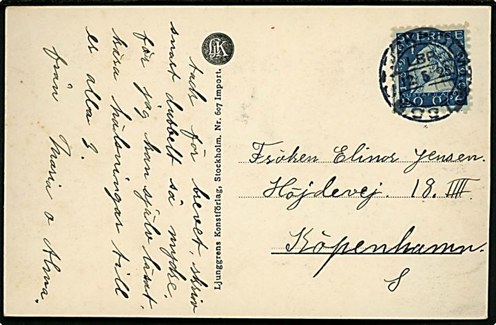 20 öre Gustaf II Adolf på brevkort (Riksdagshuset og vagtparade) fra Stockholm d. 12.5.1925 til København, Danmark.