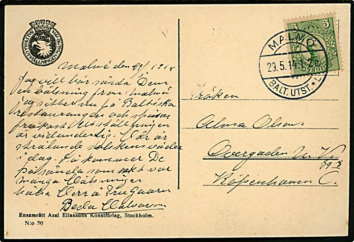 5 øre Gustaf på brevkort (Baltiske Udstilling, Malmö) annulleret med særstempel Malmö Balt.Utst,*L d. 29.5.1914 til København, Danmark.