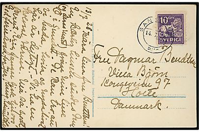10 öre Løve på brevkort (Hven, Kyrkbacken) annulleret Sankt Ibb d. 14.7.1928 til København, Danmark.
