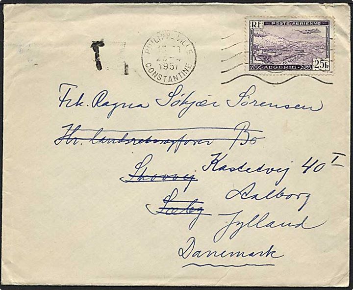 25 frank på brev fra Phillipsvilie d. 23.4.1951 til Sæby. Brevet omadresseret til Aalborg.