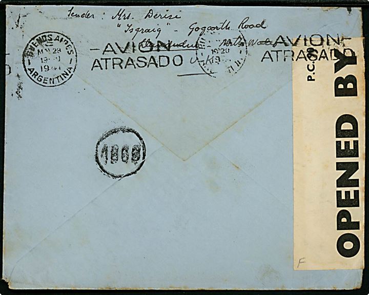 6d og 1 sh. (3) George VI på luftpostbrev fra Llandudno d. 15.5.1941 til Buenos Aires, Argentina. Åbnet af britisk censur no. 3447.