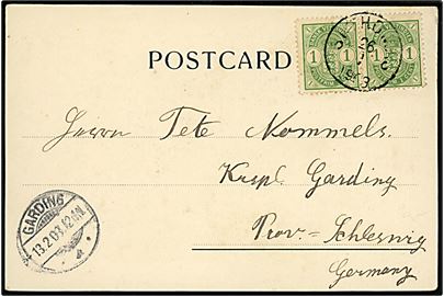 1 cent Våben i parstykke på brevkort (Udsigt fra St. Thomas) stemplet St. Thomas d. 26.1.1903 til Garding, Schleswig, Tyskland.